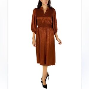 Sandra Darren Women’s Satin Jacquard Midi Dress Size 10 – Rust, Long Sleeve